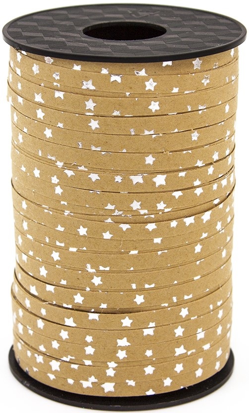 Лента Крафт Серебряные звезды металлик для шаров 0,5 см х 182 м