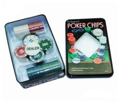 Покерный набор на 100 фишек с номиналом Poker Chips в мет.коробке