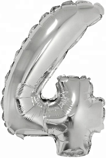 Мини-цифра 4 Серебро с клапаном 16''/41 см шар фольга с воздухом