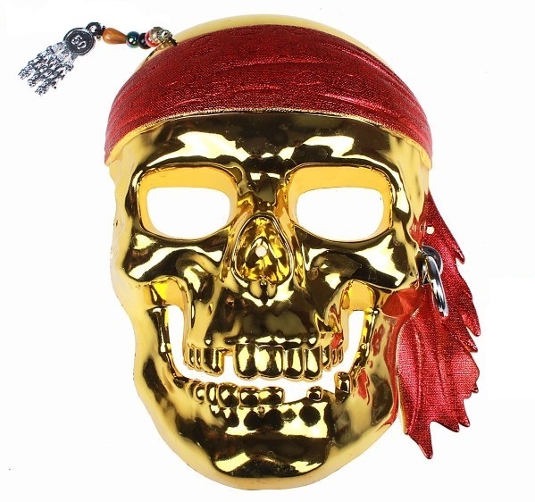 Маска Череп пирата металлик золото с красной повязкой