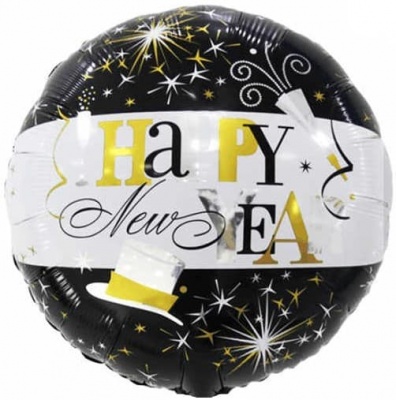 Круг  С Новым Годом! (брызги шампанского), Черный/Белый 18"/45см шар фольга