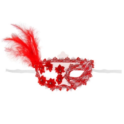Карнавальная маска "Загадка" с пером красный купить недорого с доставкой или в розницу в магазине рядом с м. Коньково в Москве