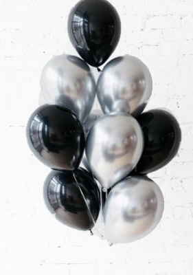 Облако из шаров Хром Серебро+Декор Черный 17 шаров с гелием и обработкой Хай-флоат